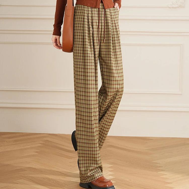 Women's High Waist Checked Wide Leg Pants