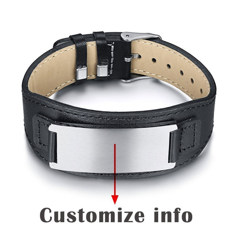 Hand Polished Square Steel Lettering Leather Stainless Steel Bracelet - Dazpy