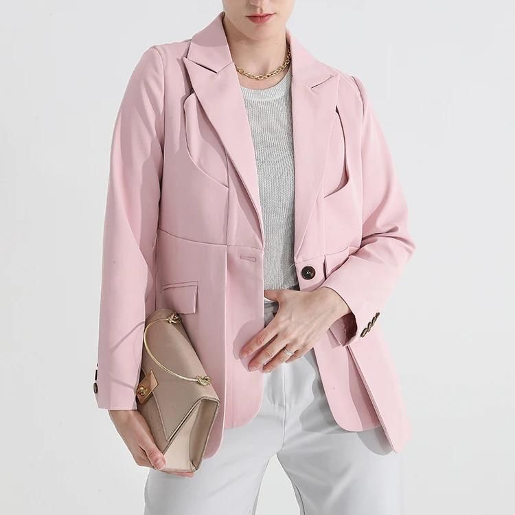 Women's Solid Color Blazer with Notched Collar and Unique Folds