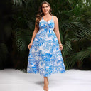 Vestido de tirantes con estampado de hojas en azul celeste para mujer, XL–5XL