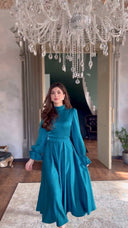 Vestido corte en A de manga con volantes para mujer en color azul pavo real