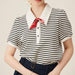 Summer Striped Polo-Neck Tee with Puff Sleeves