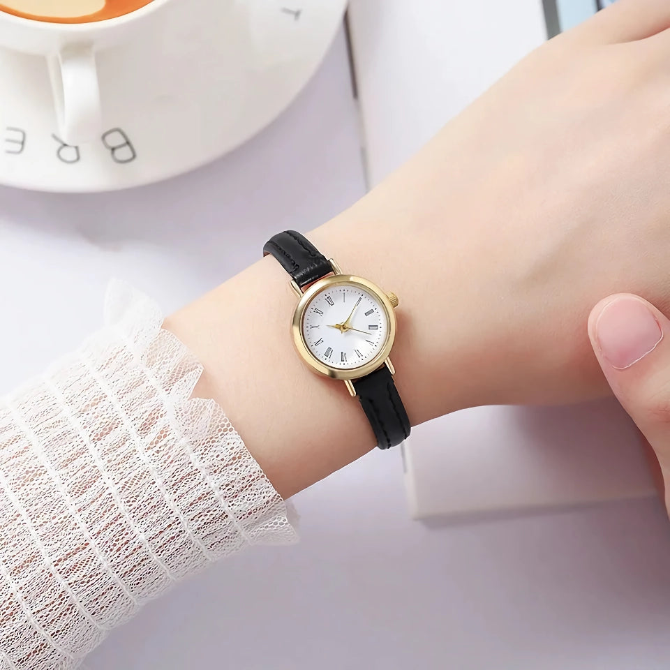 Elegante reloj de pulsera de cuarzo y cuero para mujer: diseño minimalista clásico