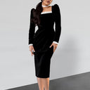 Black Square-Neck Ruffled Velvet Long Dress