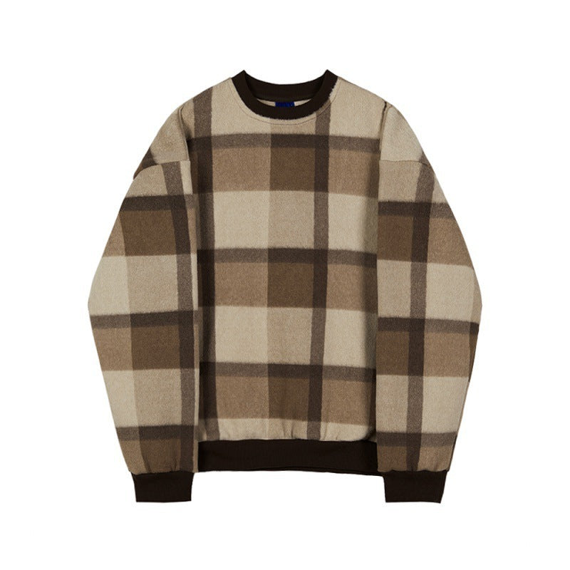 Plush Plaid Sweater Men's Loose Trend Round Neck Top Trend All-match Thick Winter Coat