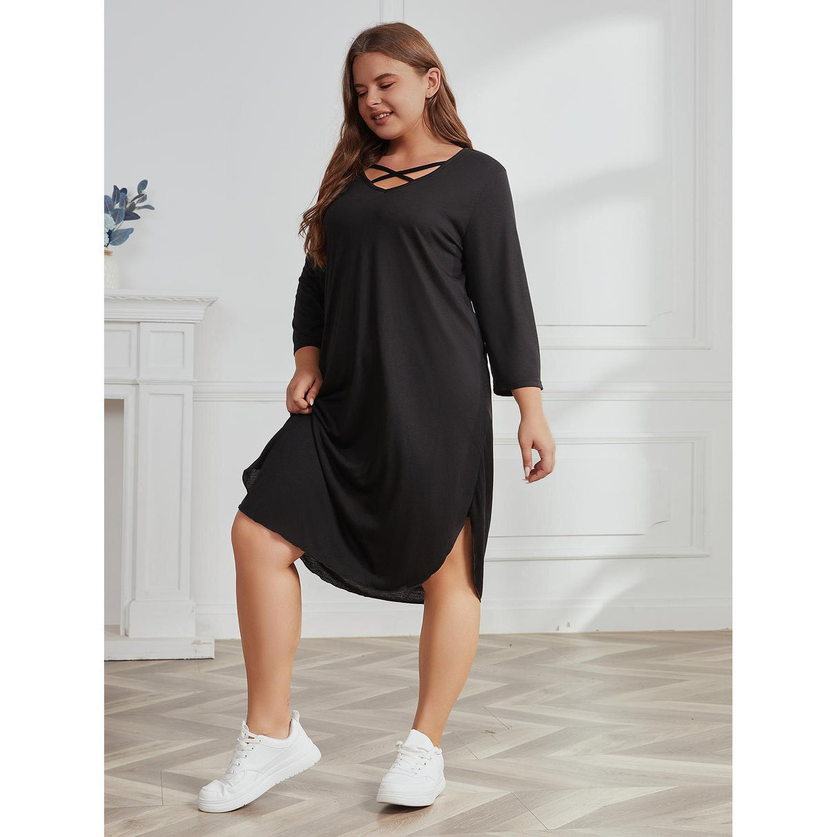 Vestido informal holgado de manga larga de talla grande para mujer