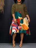Women's Abstract-Print Three-Quarter-Sleeve Midi Dress