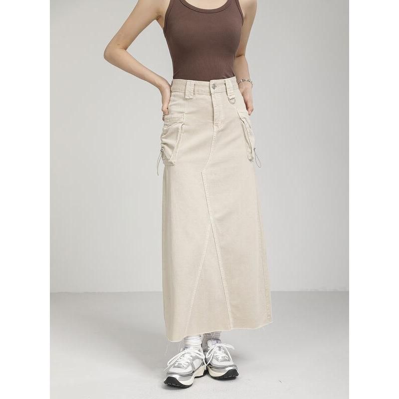 Autumn Vintage High Waist Denim Cargo Skirt with Pockets