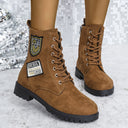 Women's Round-Toe PU Chunky-Heel Lace-Up Boots