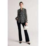 Elegant Black Printed Silk Blouse with Bow Collar