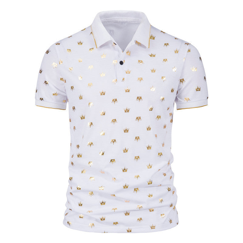 Men's Fashion Crown Bronzing Print Short Sleeve Lapel T-Shirt POLO Shirt