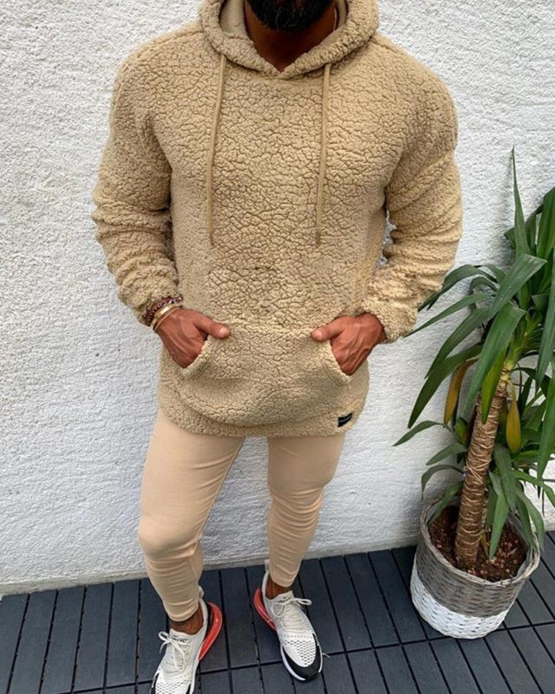 Men's hooded lamb wool sweater with velvet pockets