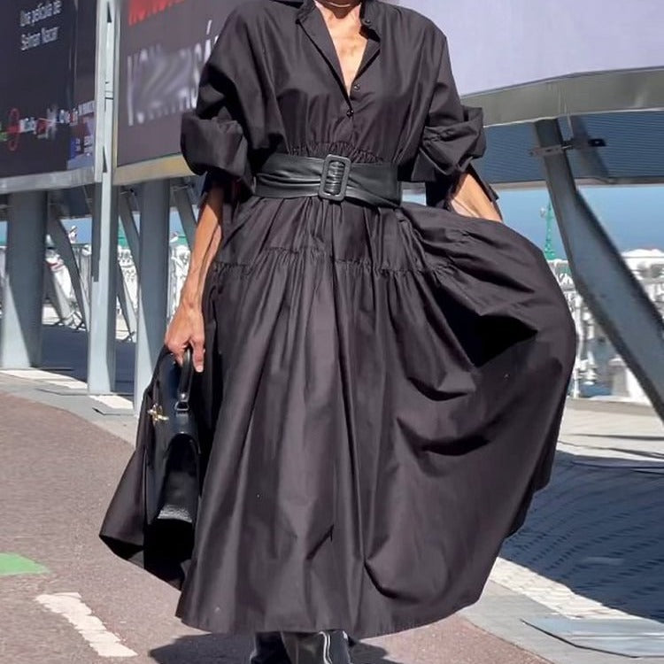 Vestido camisero de manga abullonada con diseño plisado de color liso para mujer