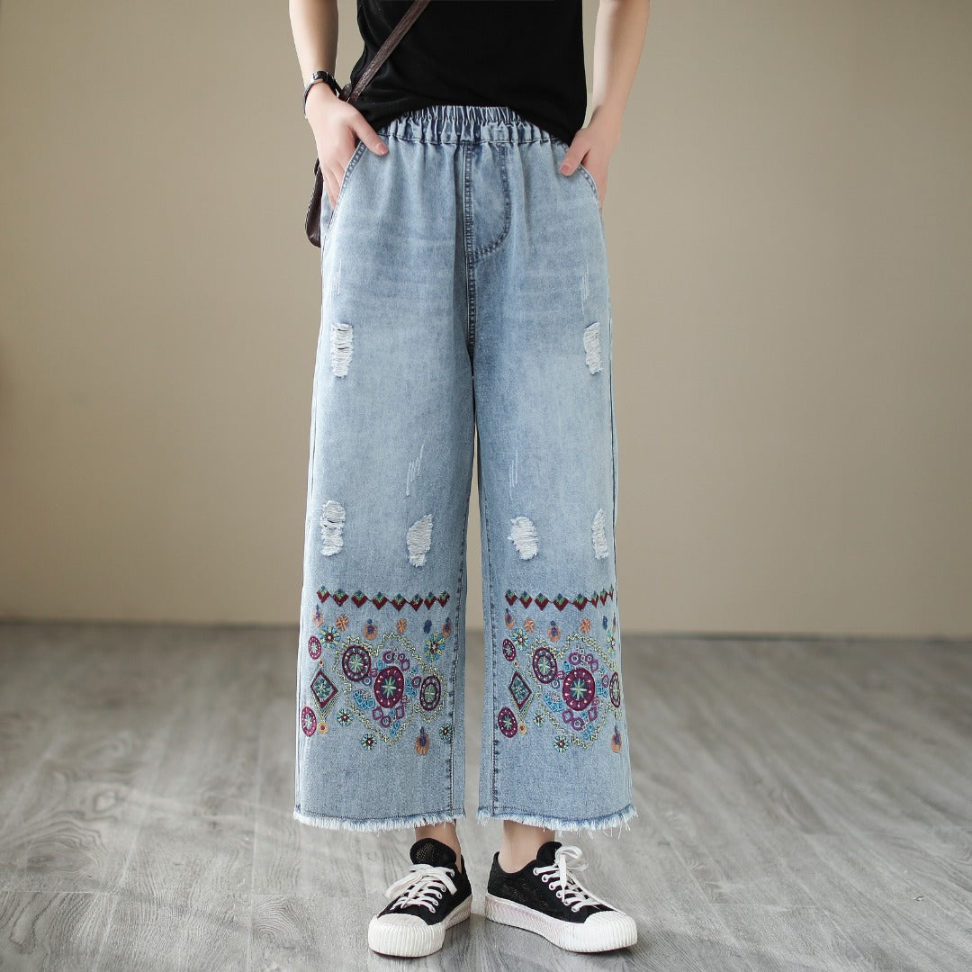 Embroidered Ripped Denim Straight Jeans