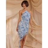 Summer Elegance Blue Floral Ruffle Mini Dress