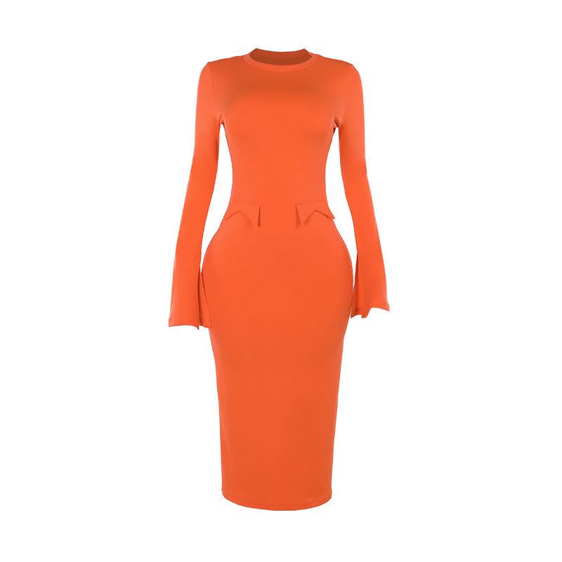 Elegant Slim Fit Round-neck Flared Sleeves Dress Women