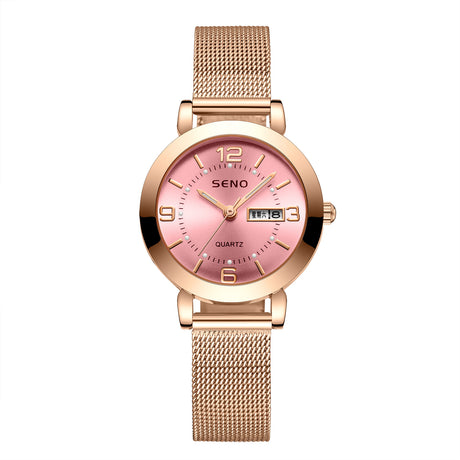 Mesh Non-mechanical Ladies Luminous Waterproof Double Calendar Female Student Steel Belt Watch - Dazpy