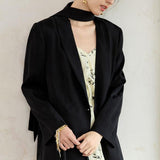 Elegant Black Blazer Coat with Neckline Ribbon Design for Office Ladies