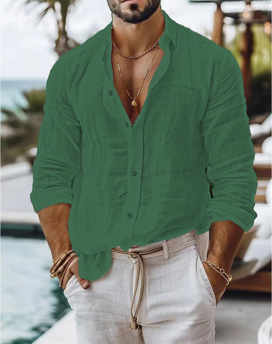 Camisa de lino y algodón de color liso para hombre, estilo informal, manga larga