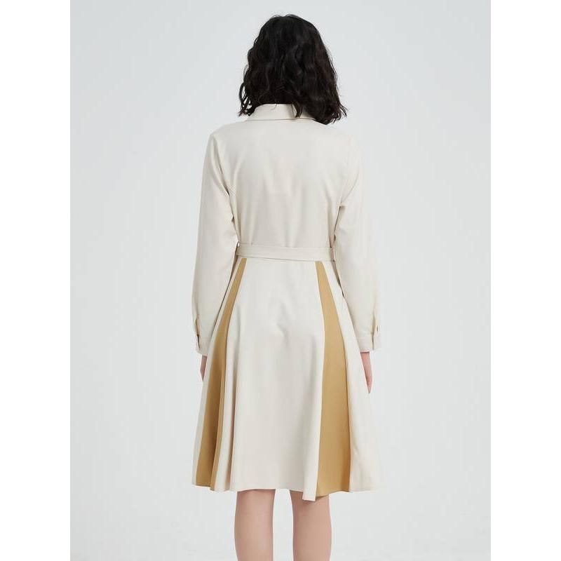 Elegant Beige A-line Long Sleeve Dress with Belt