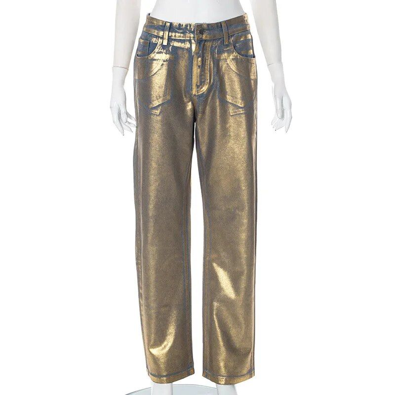 Metallic Gold Silver Straight Leg Jeans