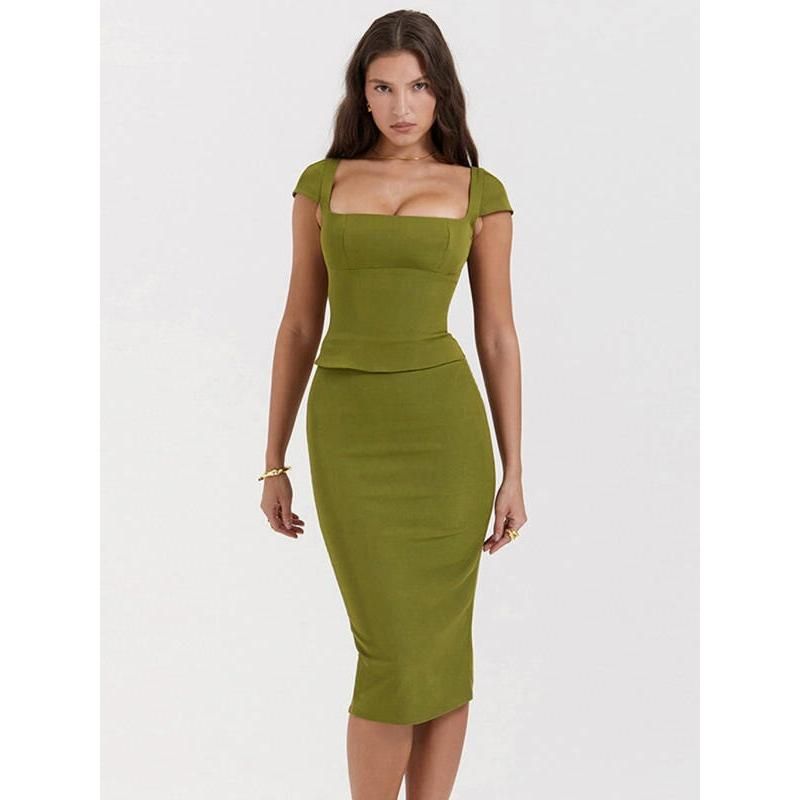 Green Sexy Women Two Piece Set - Square Collar Short Sleeve Tops And Midi Skirt Matching Sets