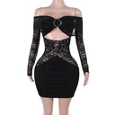 Women's Black Off-Shoulder Lace Ring-Detail Dress