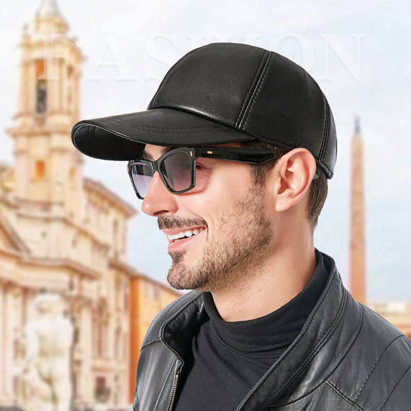 Gorra de béisbol de cuero genuino negra para hombre