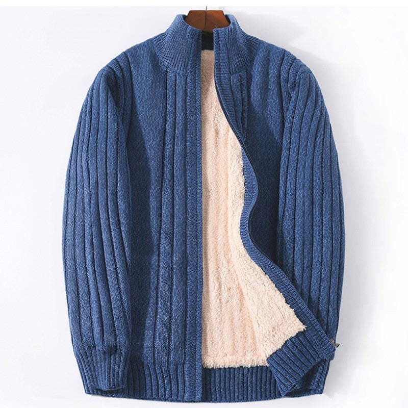 Thickened And Fleeced Men's Sweater Jacket Stand Up Collar