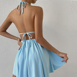 Blue Summer V-Neck Halter Mini Dress - Sexy Evening Clubwear