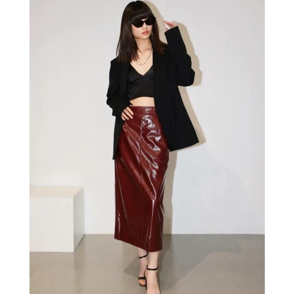 High Waist Reflective PU Leather Midi Pencil Skirt