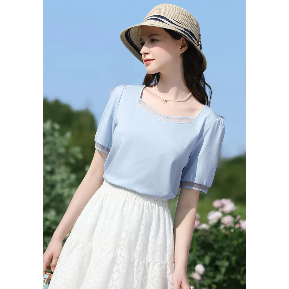 Square Neck Slim-Fit T-Shirt with Puff Sleeves