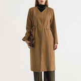 Elegant Women's Full-Length Trench Coat with Lace-Up Waist and Full Sleeves