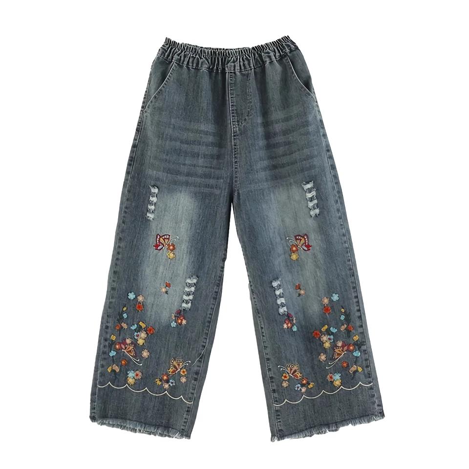 Bestickte Jeanshose mit weitem Bein im Boho-Stil