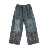 Pantalones de mezclilla de pierna ancha bordados estilo boho