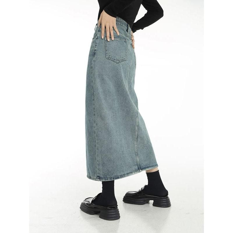 Chic Vintage Blue Denim Midi Skirt with Front Slit