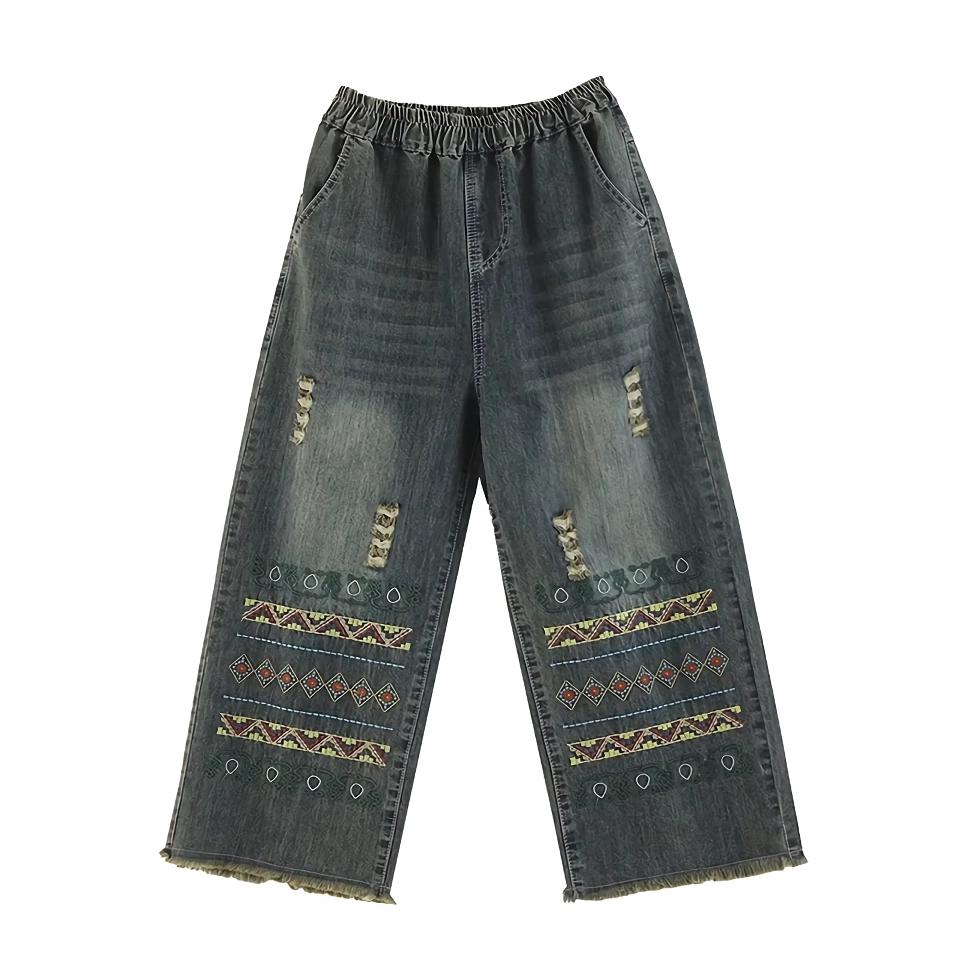 Boho Chic Vintage Embroidered Wide-Leg Jeans