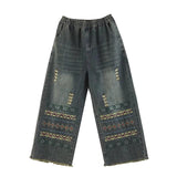 Boho Chic Vintage Jeans mit weitem Bein und Stickereien