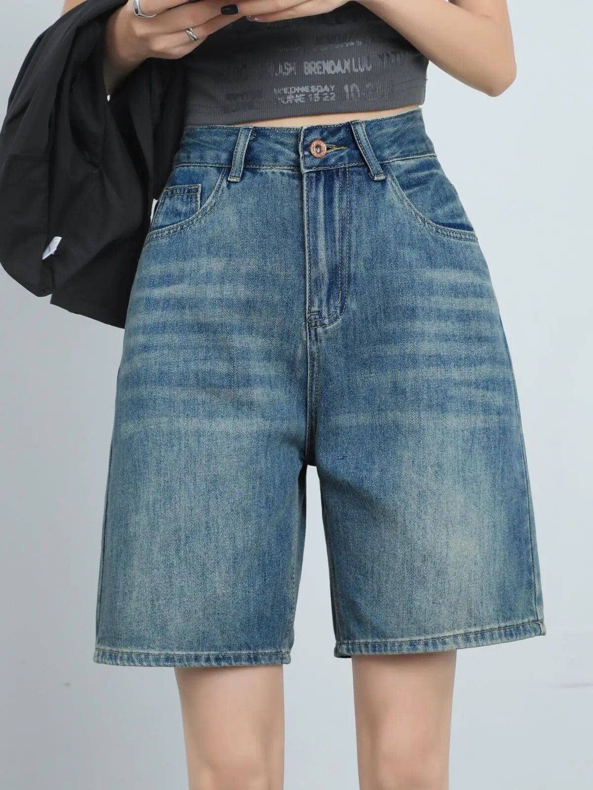 High Waist Knee Length Denim Shorts for Women