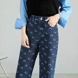 Women's High-Waist Moon Print Baggy Jeans: Casual Vintage-Inspired Denim