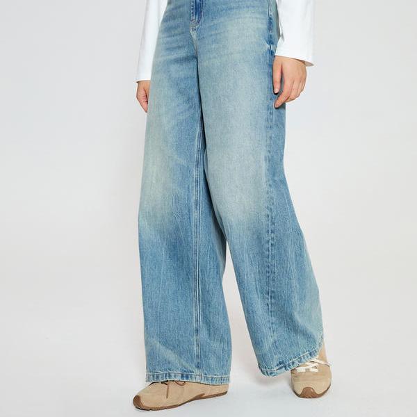 Zweifarbige Jeans mit hoher Taille und weitem Bein für Damen