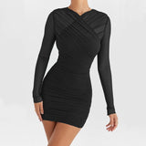 Sheer Long Sleeve Backless Bodycon Mini Dress