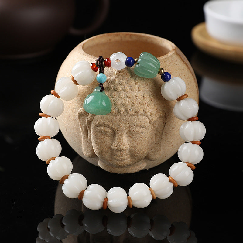 White Bodhi Root Carved Pumpkin Bead Jade Lotus Wenju Bracelet - Dazpy