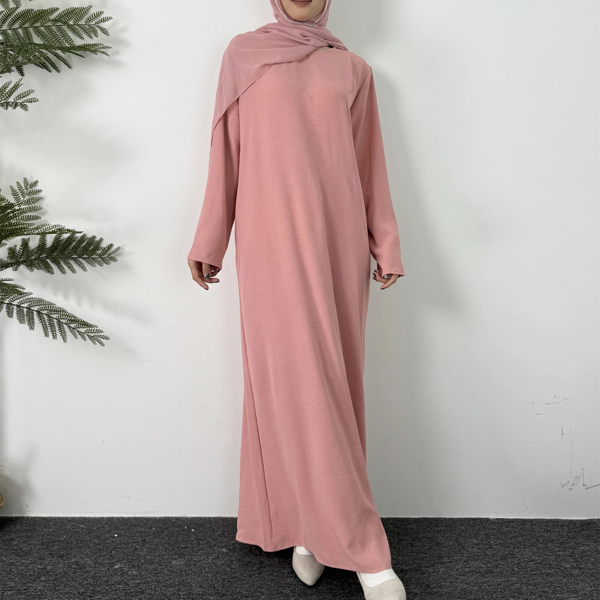 Neu Frauen Kleid Reine Rundhals Lange Hemd Elegante