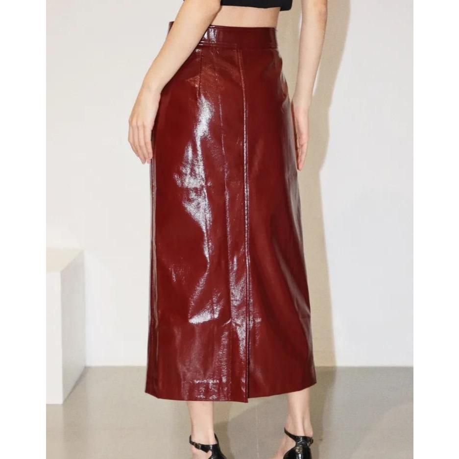 High Waist Reflective PU Leather Midi Pencil Skirt