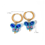 Aretes de cerámica con forma de mariposa y flor azul de acero inoxidable chapado en oro de 18 quilates