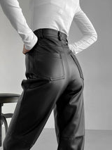 Pantalones elegantes de piel sintética de pierna ancha para mujer