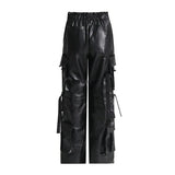 High Waist Solid Patchwork Leather Cargo Pants