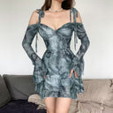 Vestido verde estampado de hombros descubiertos y manga acampanada para mujer
