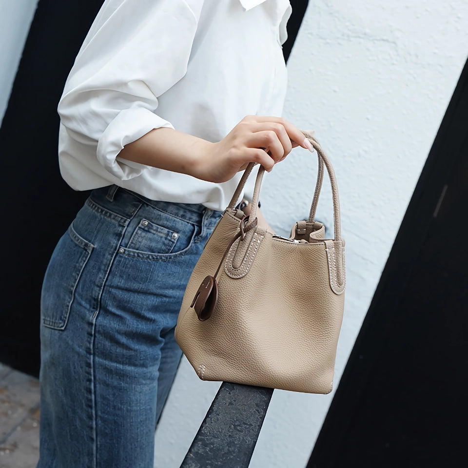 Bolso estilo cubo retro de piel auténtica para mujer: bolso de mano informal tipo bandolera o de hombro